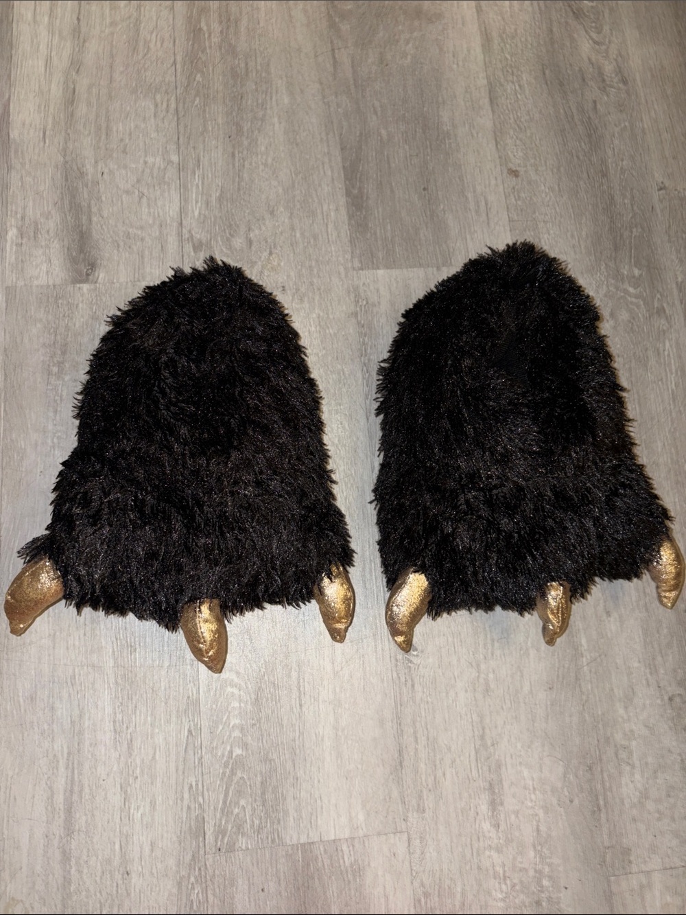 Plush Black Furry Monster Paw Slippers with Gold Claws